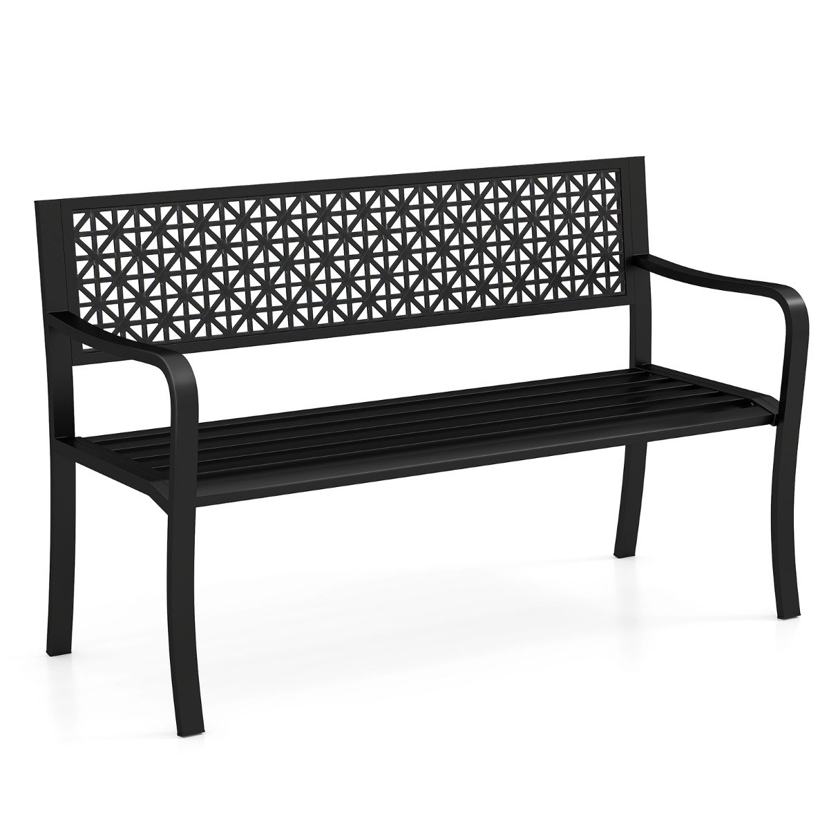 127CM Garden Bench with Patterned Backrest and Curved Armrests2-3-Person Patio Bench-Black - Savings Store