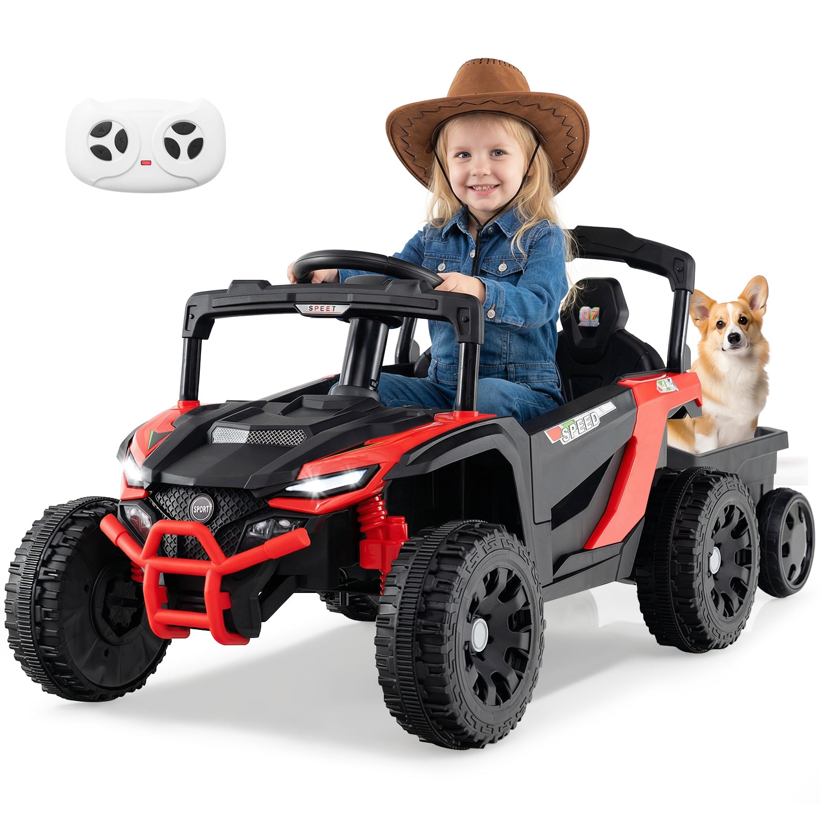 NYNOR 12V Kids Ride On UTV Tractor with Detachable Trailer-Red - Savings Store