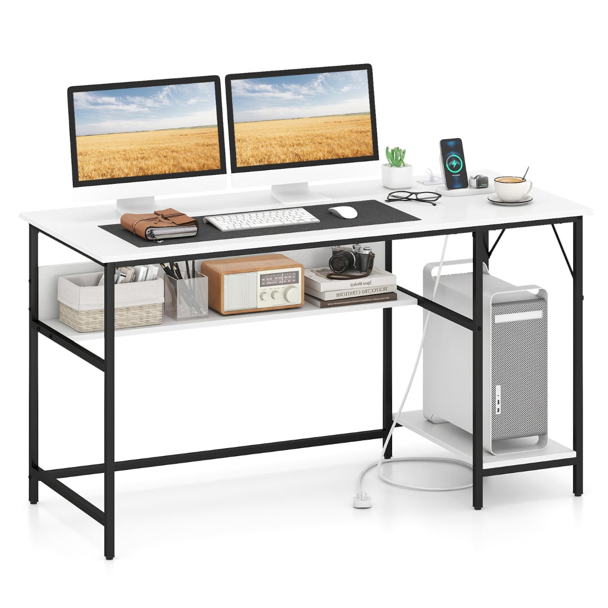 XIVENA 140x60cm Computer Desk with Charging Station, 4 Outlets & 2 USB Ports-White - Savings Store