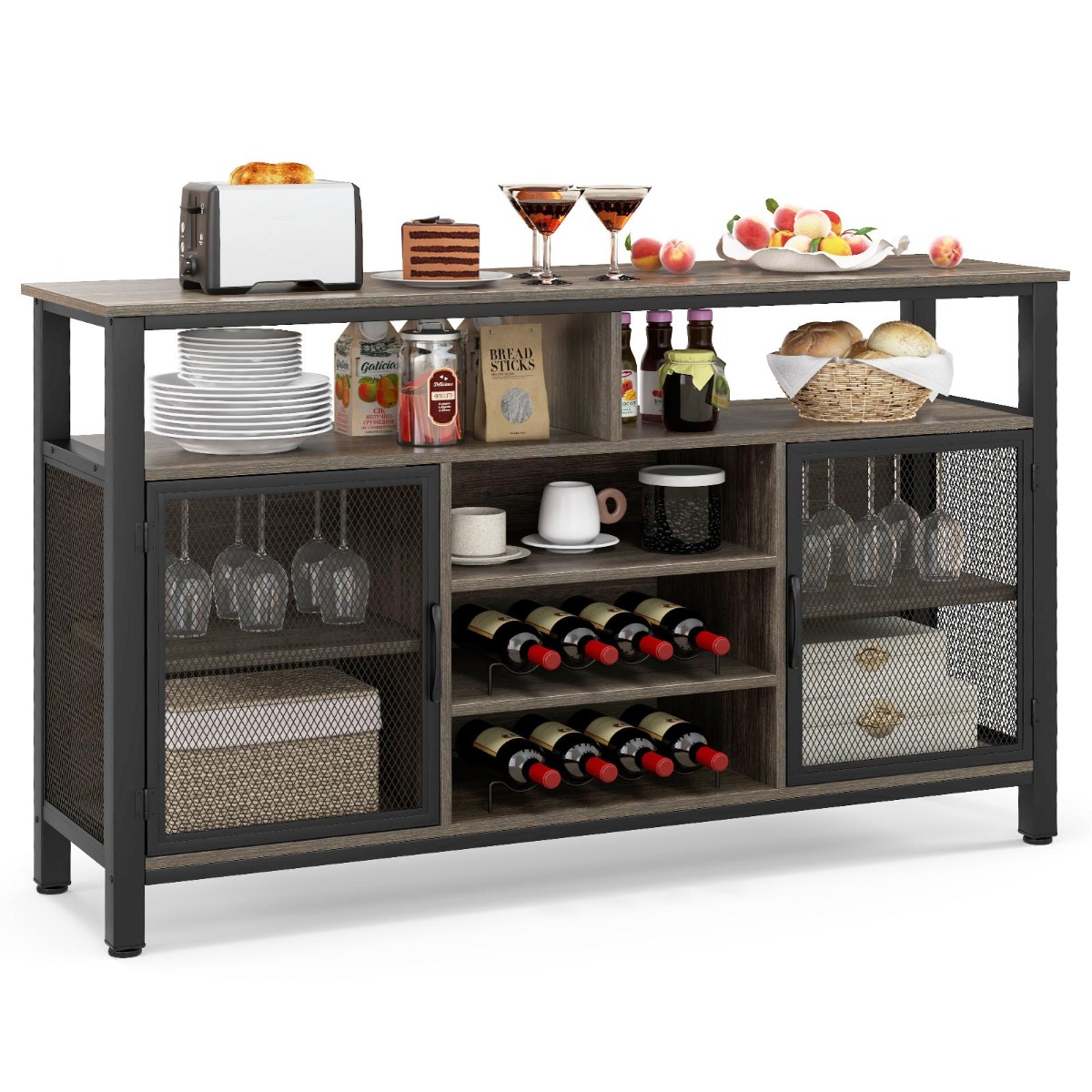 140cm Buffet Sideboard with 8-Bottle Wine Racks and 6 Rows of Wine Glass Holders-Grey - Savings Store