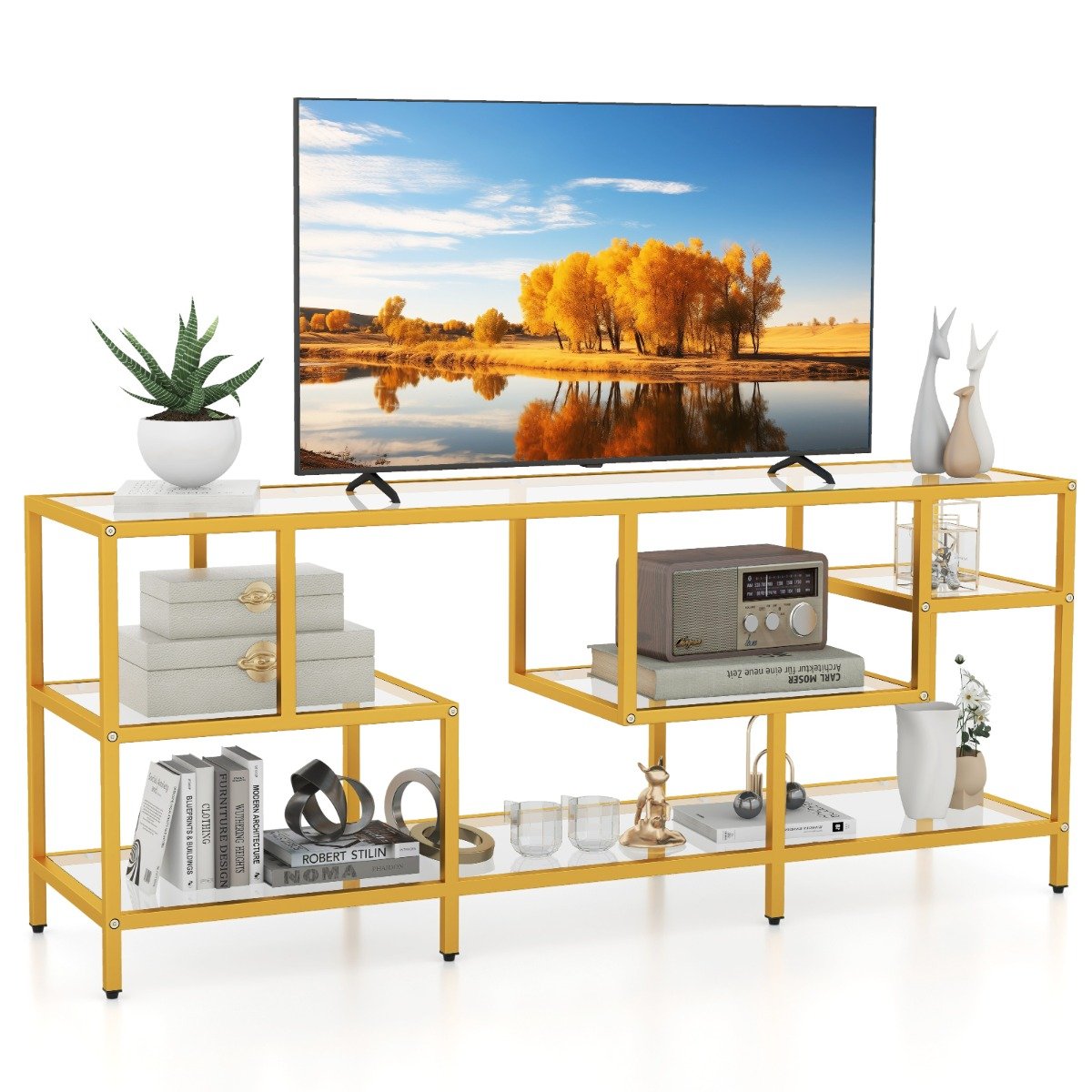 147cm TV Console Table with Tempered Glass Shelves-Golden - Savings Store