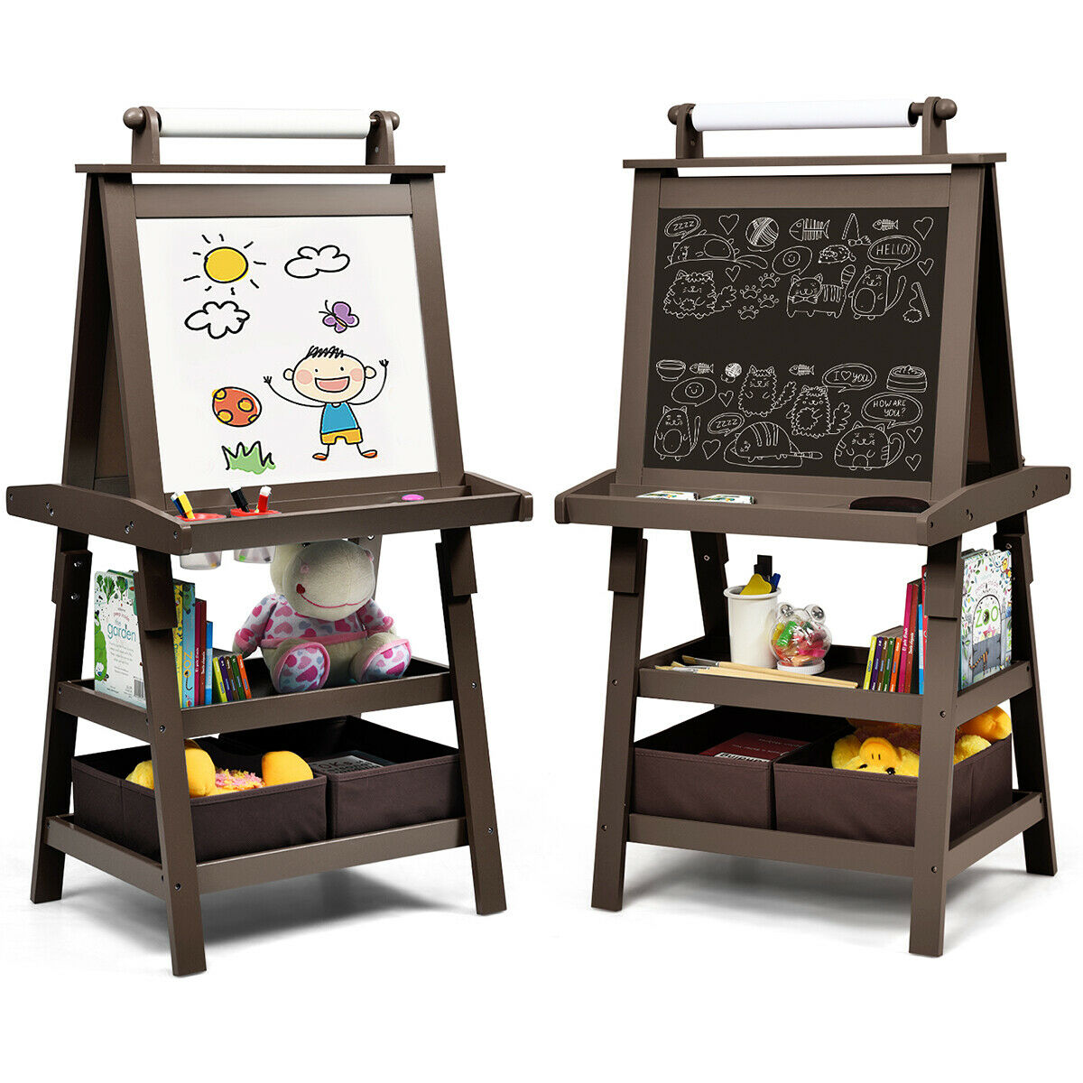 Children's Double-Sided Art Easel with Paper Roll-Brown - Savings Store