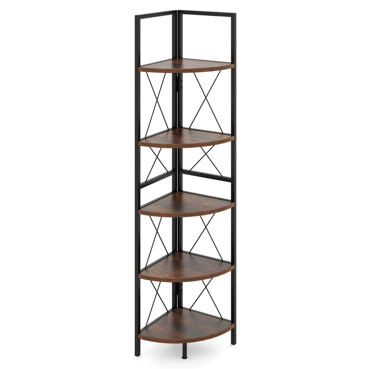 ULVI 160 CM 5 tier Corner Bookshelf with Metal Frame X-shaped Brackets-Rustic Brown - Savings Store
