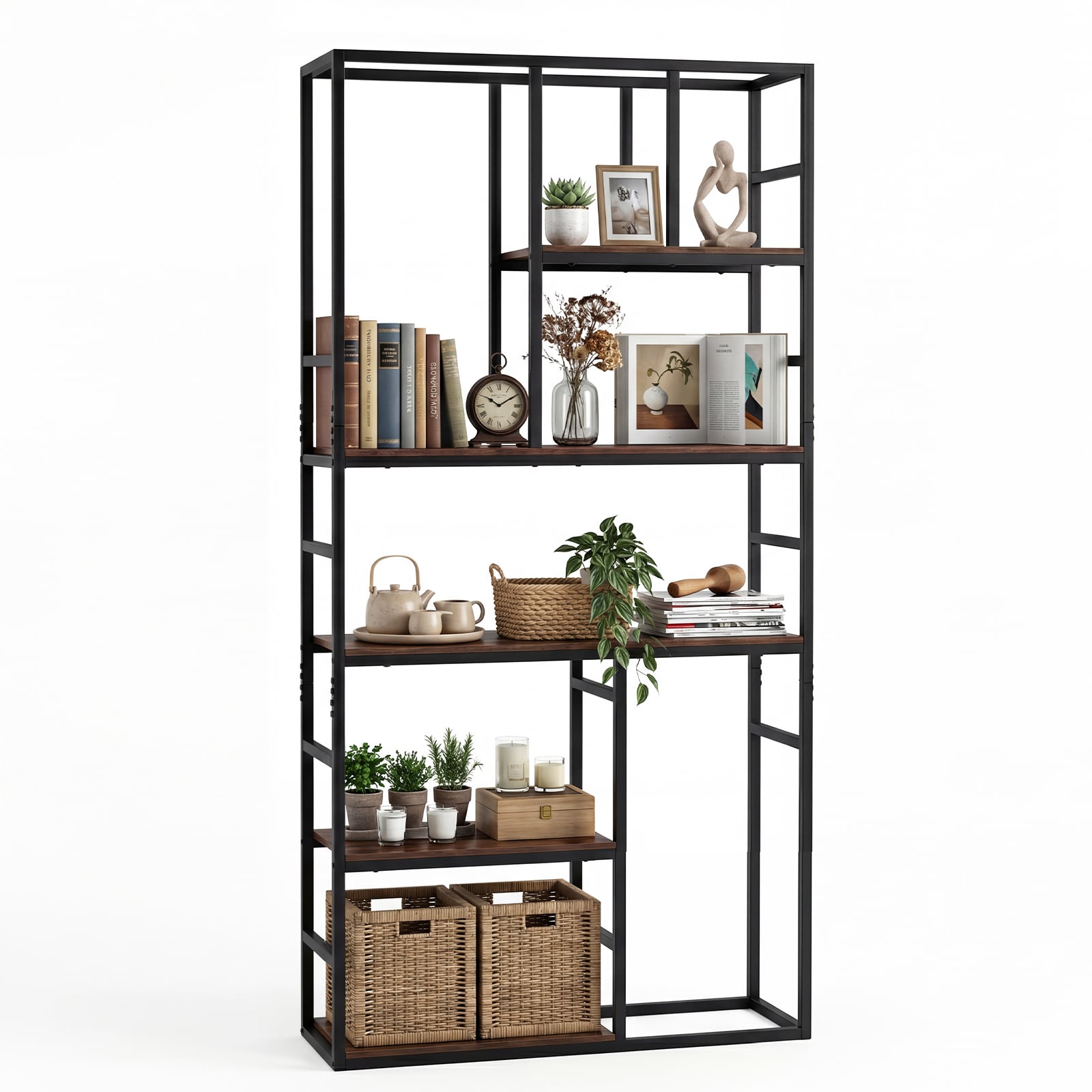180CM Tall Bookshelf with Open Display Shelf and Metal Frame-Rustic Brown - Savings Store