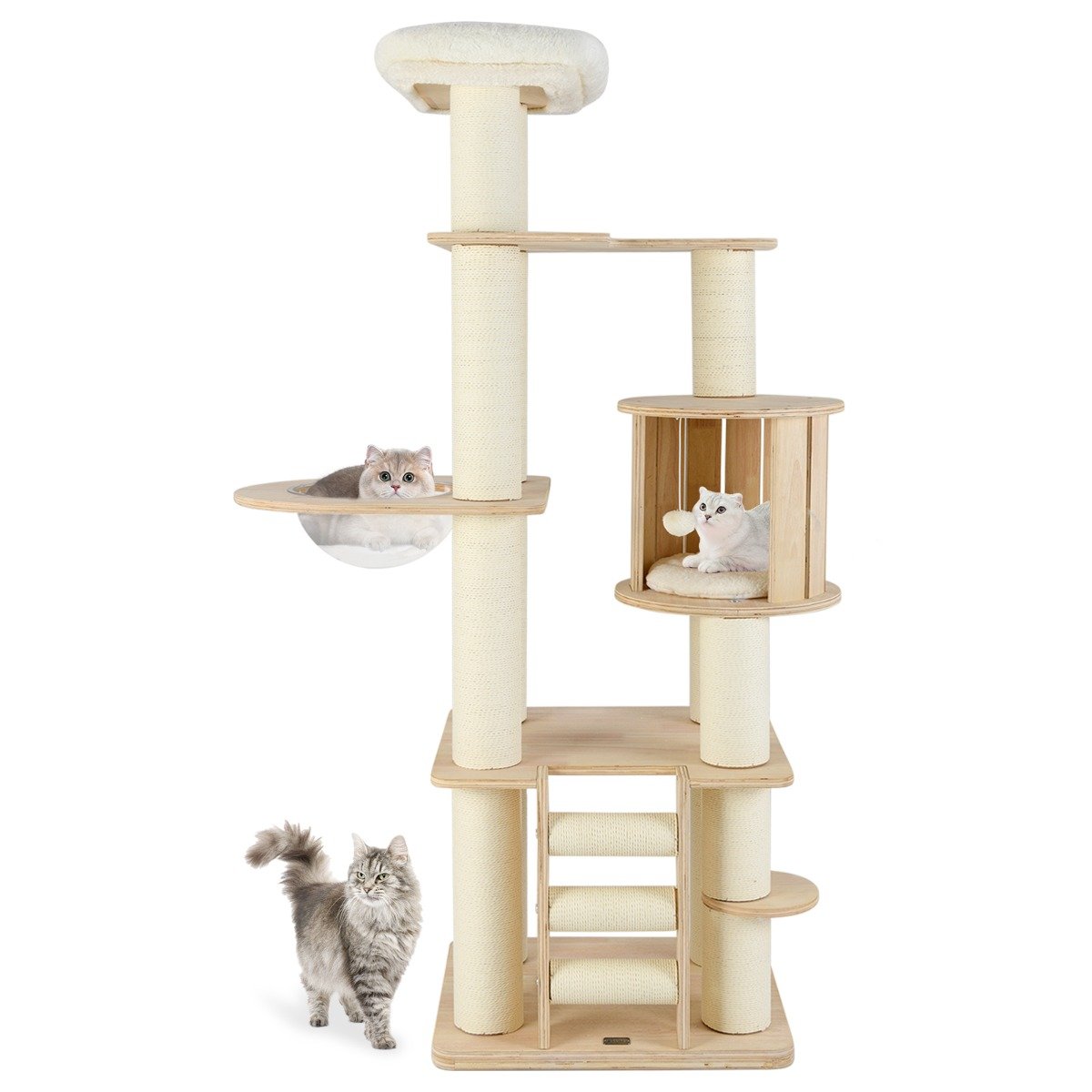180 cm Tall Cat Tree with Cozy Perch Condo Space Capsule 12 cm Scratching Posts-Natural - Savings Store