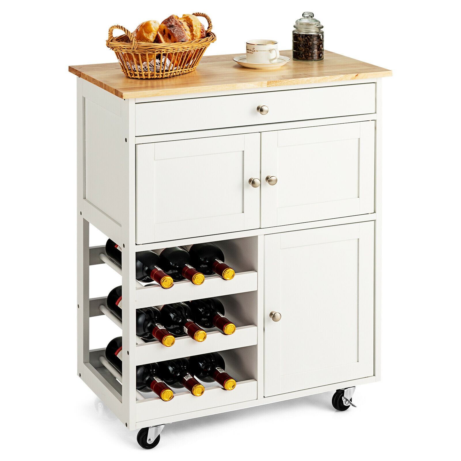 Rolling Kitchen Cart with 3 Tier Wine Racks and Cupboards-White - Savings Store