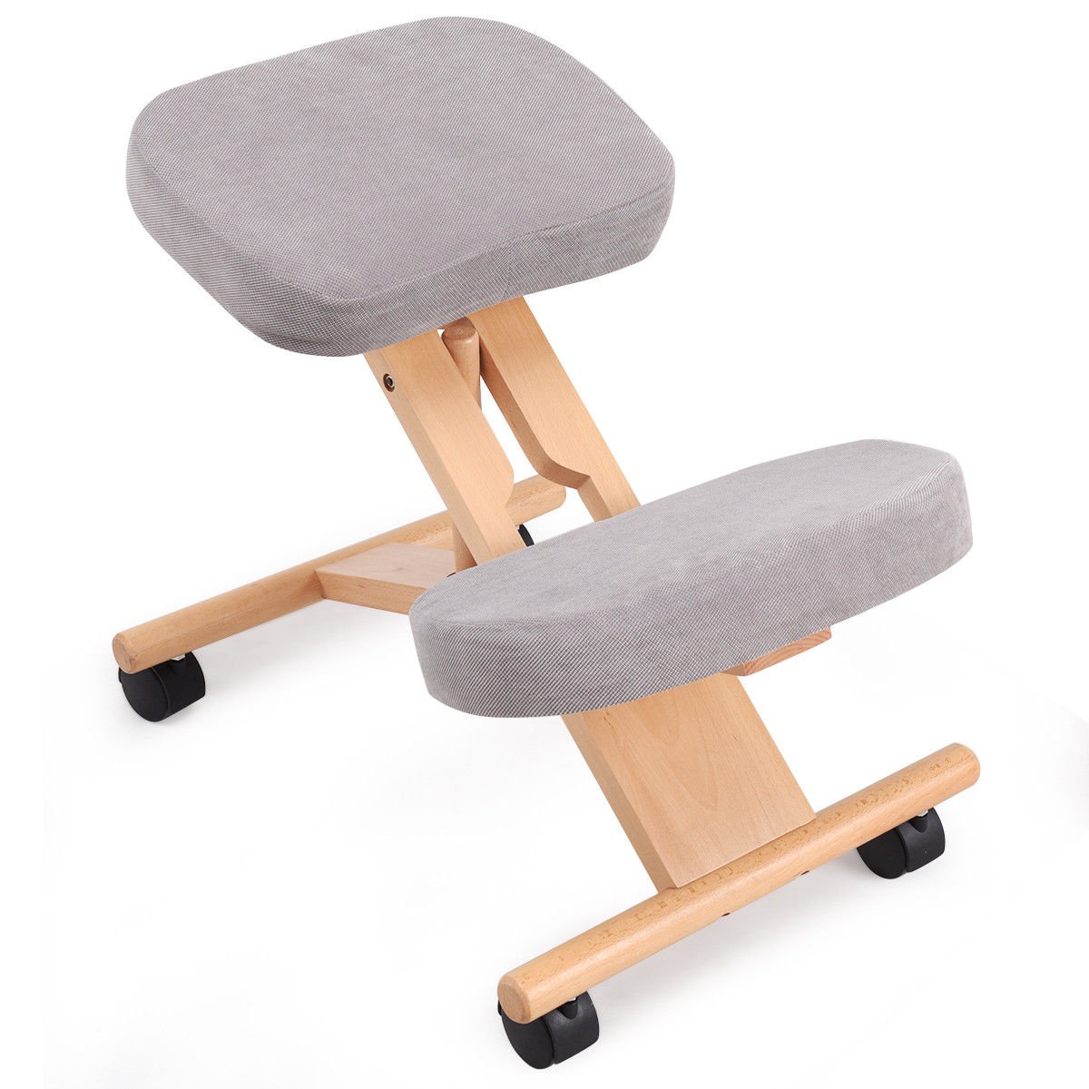 Office Chair - Wooden Orthopaedic Kneeling Stool Ergonomic Posture Frame Seat Grey 46cm - Savings Store