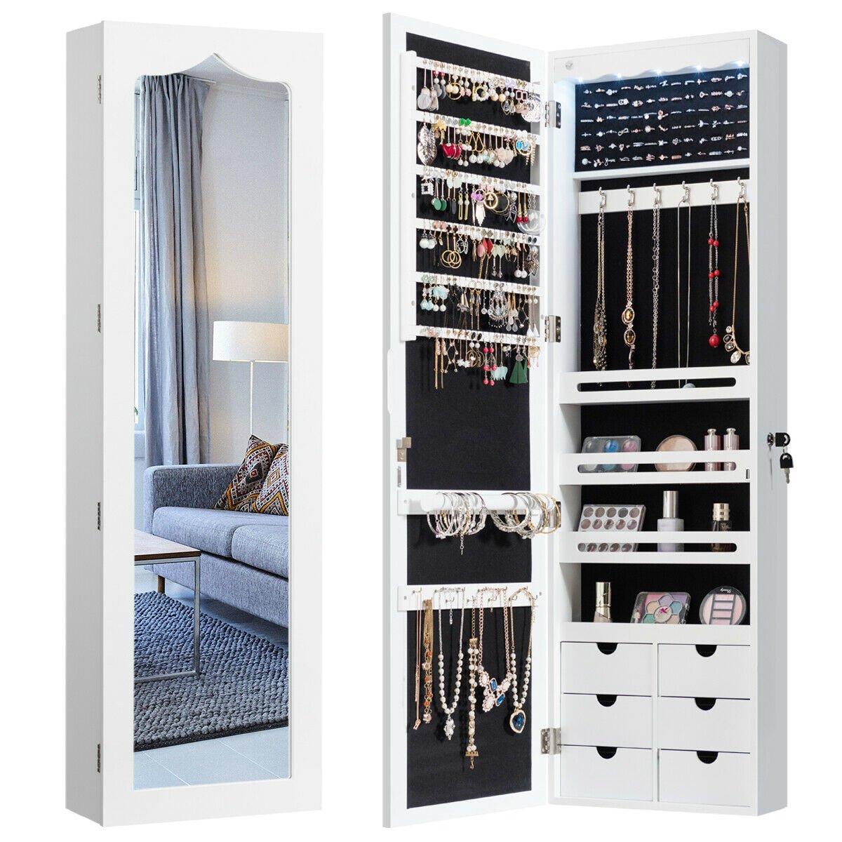 Wall Mounted Jewellery Armoire with Mirror and LED Light-White - Savings Store