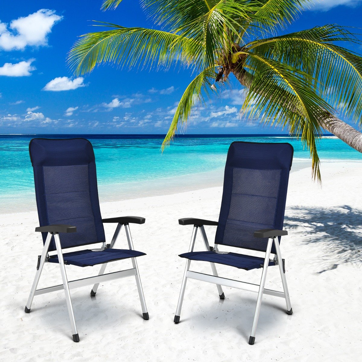 2-Piece Patio Portable Folding Lounge Chair with Raised Backrest-Navy - Savings Store