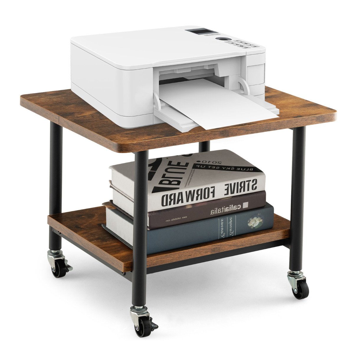 SOLORIA II 2 Tier Wooden Printer Stand with 360° Swivel Casters-Brown - Savings Store