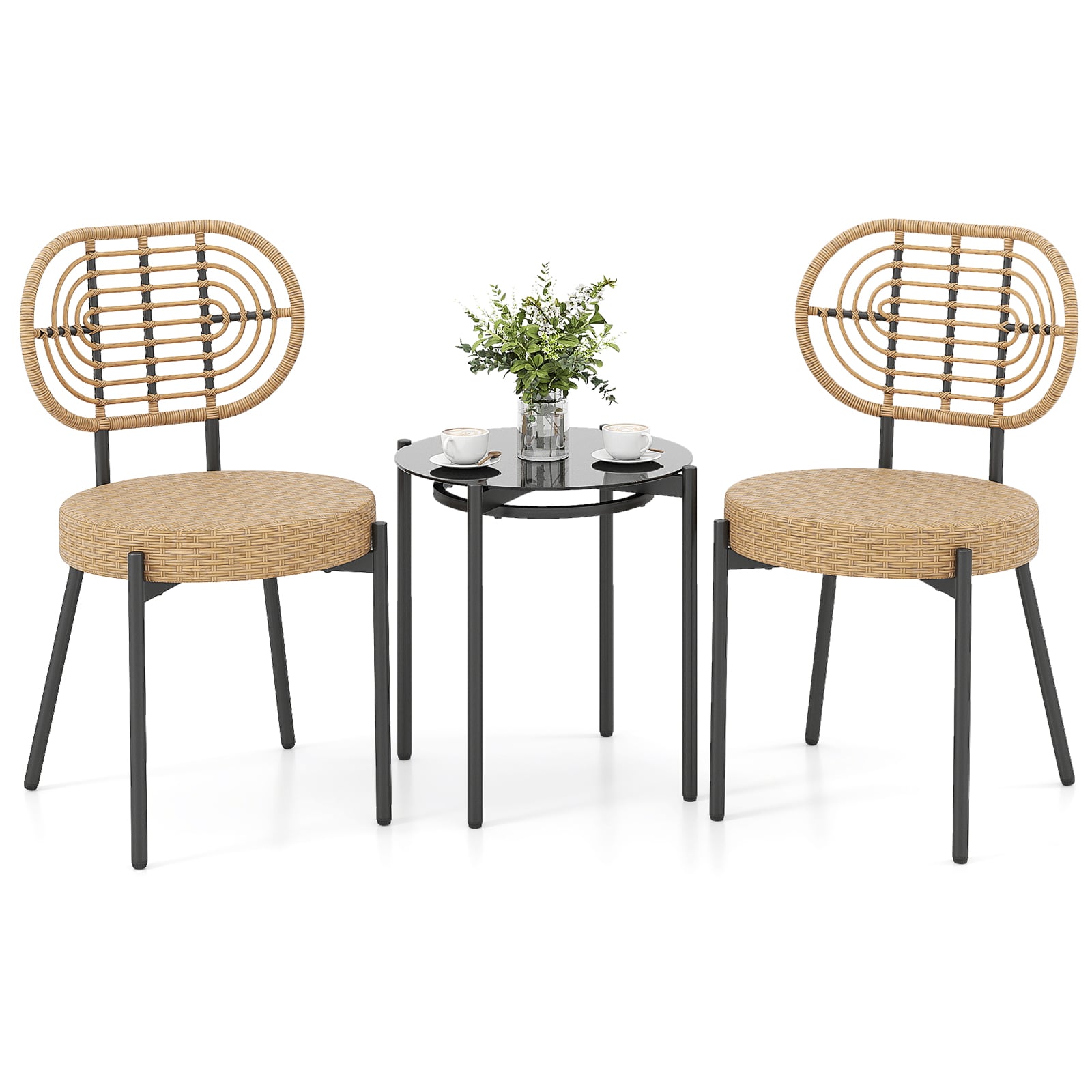 3-Piece PE Rattan Bistro Set with Glass Table & Chairs-Brown - Savings Store
