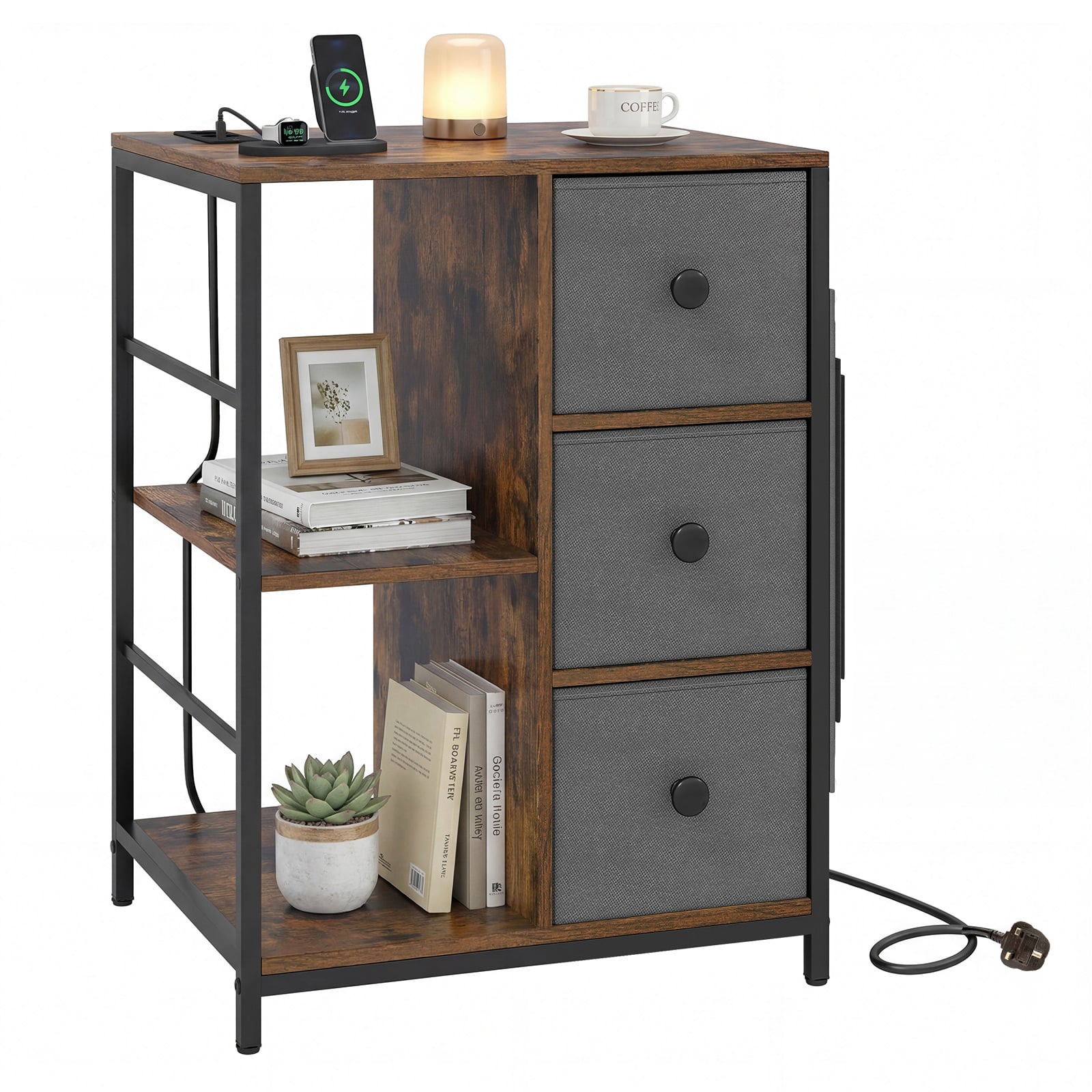 3-Tier Storage Cabinet with Charging Hub and Storage Shelf-Rustic Brown - Savings Store