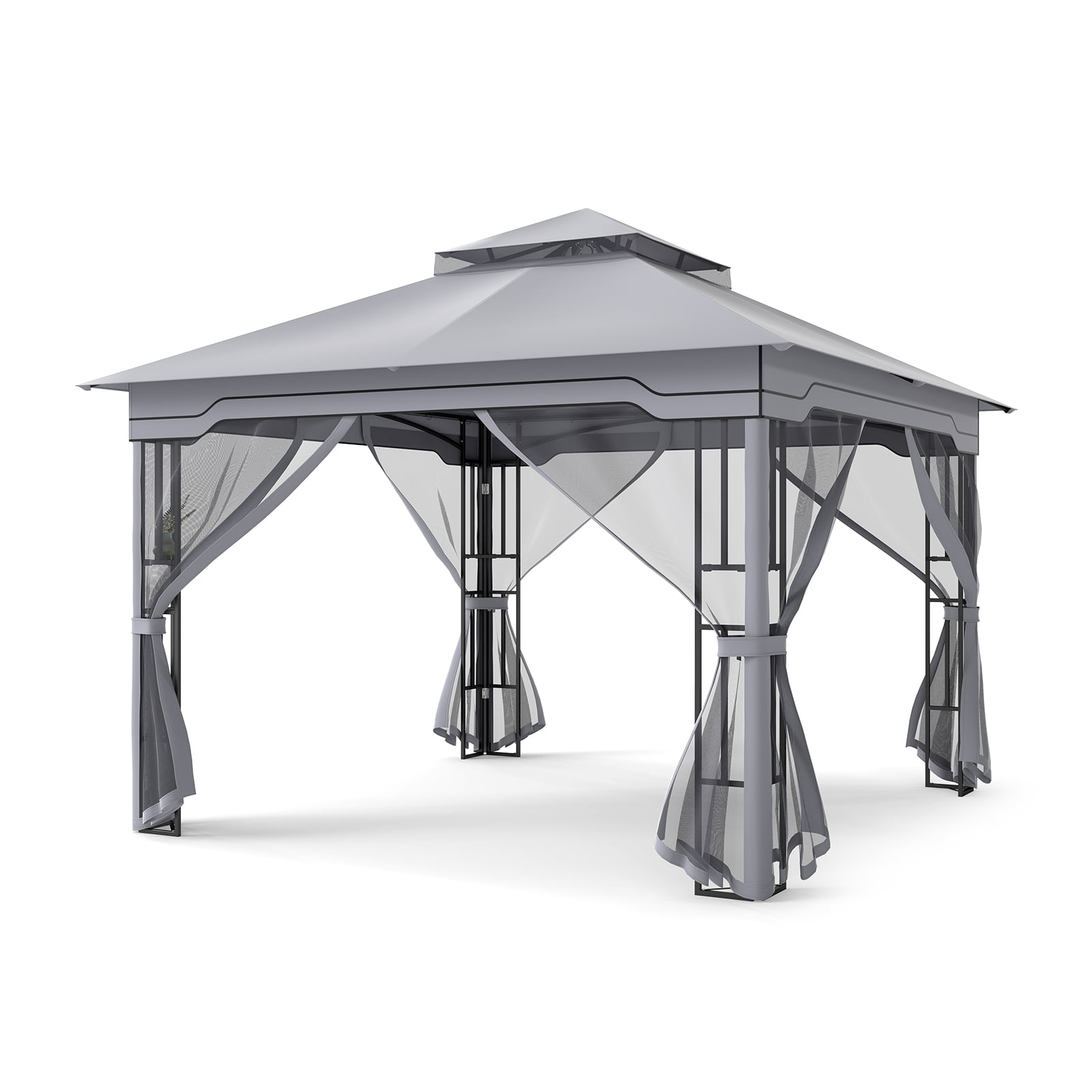 330 X 330cm Double Roof Soft Top Patio Gazebo with Zippered Mesh Netting-Gray - Savings Store