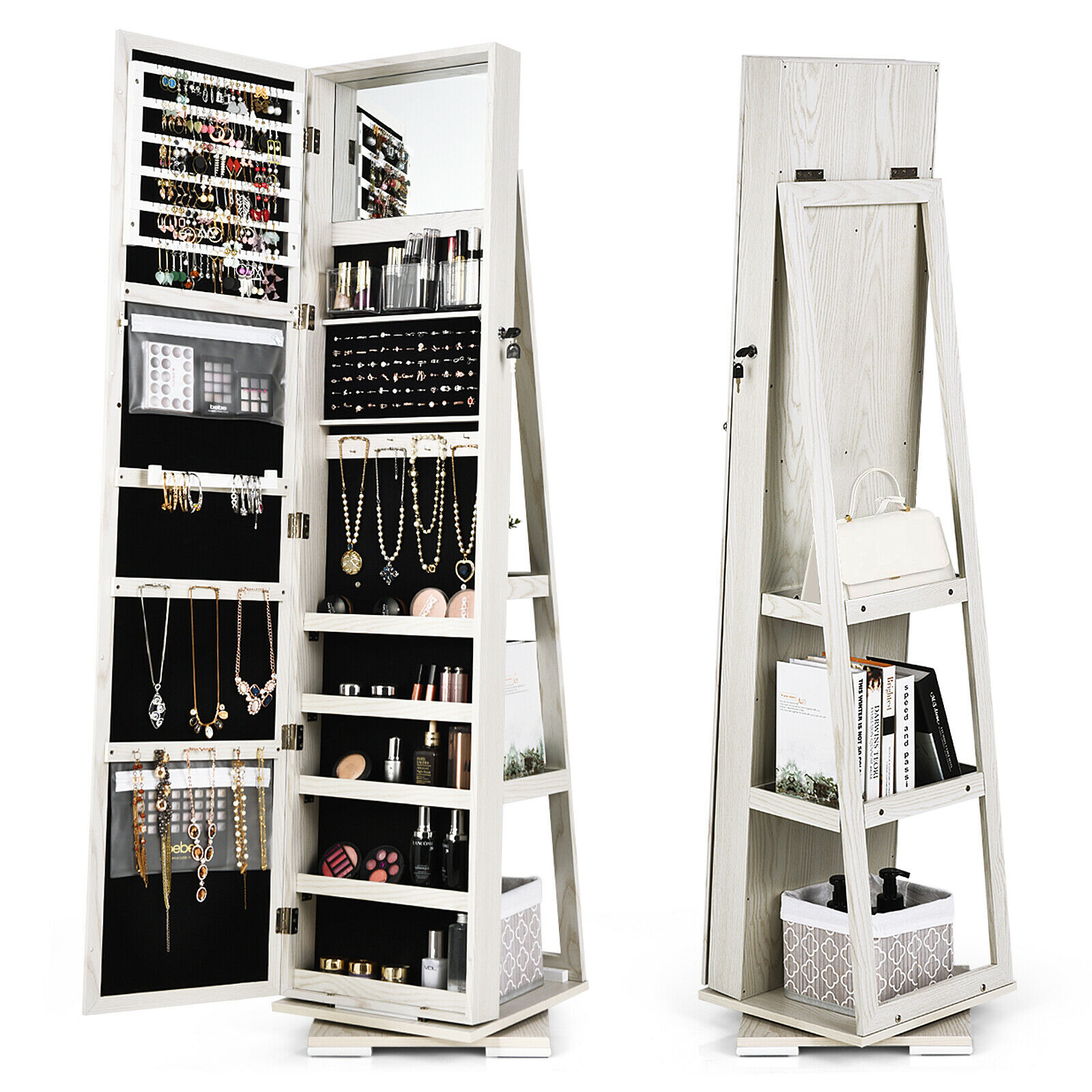 Full Length Mirrored Jewellery Cabinet Rotates 360Â° with Open Display Shelves-White - Savings Store