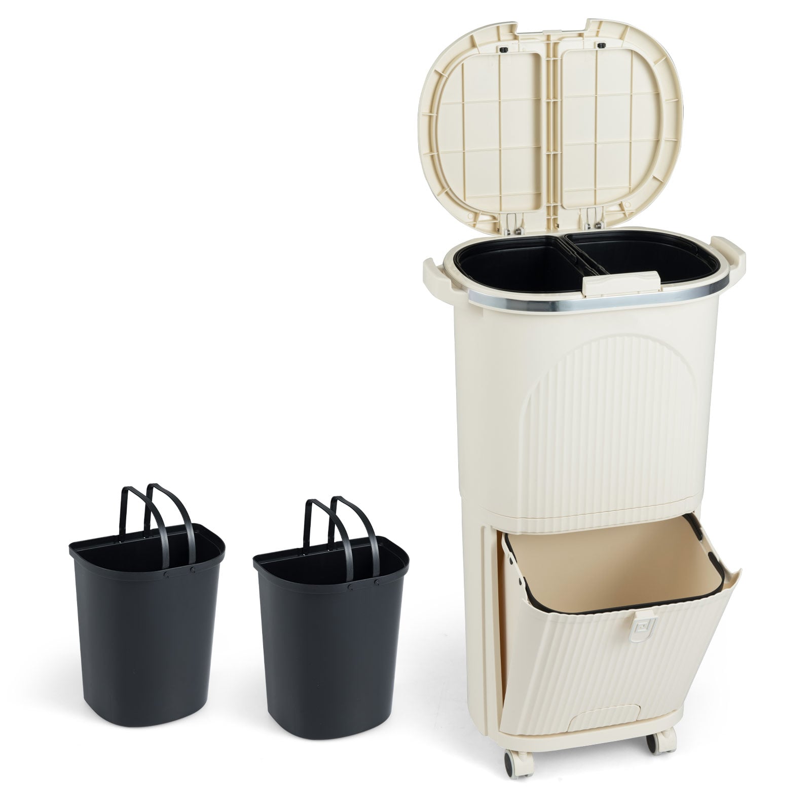 OAVIX 38L Kitchen Trash Can Sorting Garbage Bin with Lids 2 Detachable Buckets-Beige - Savings Store
