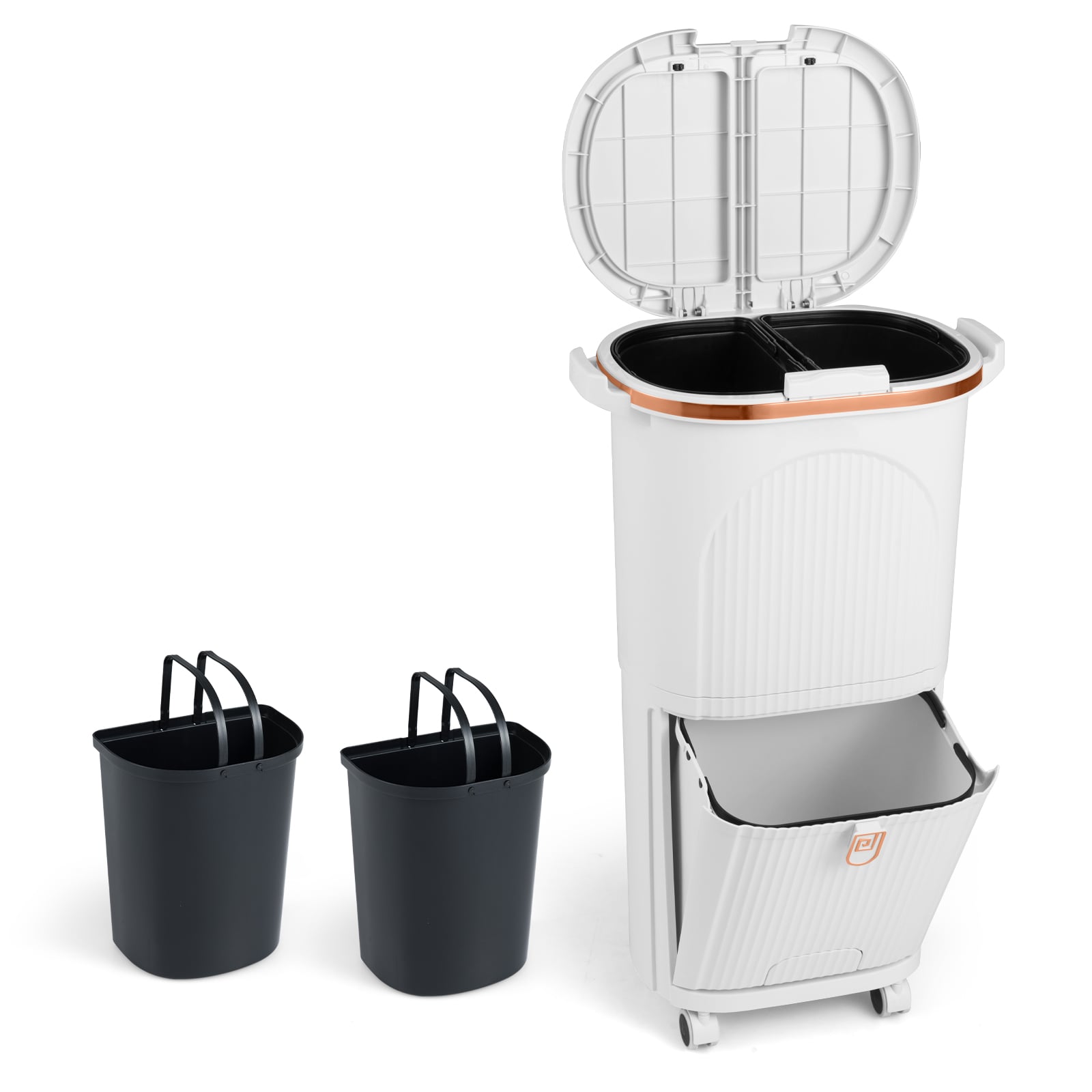 OAVIX 38L Kitchen Trash Can Sorting Garbage Bin with Lids 2 Detachable Buckets-White - Savings Store