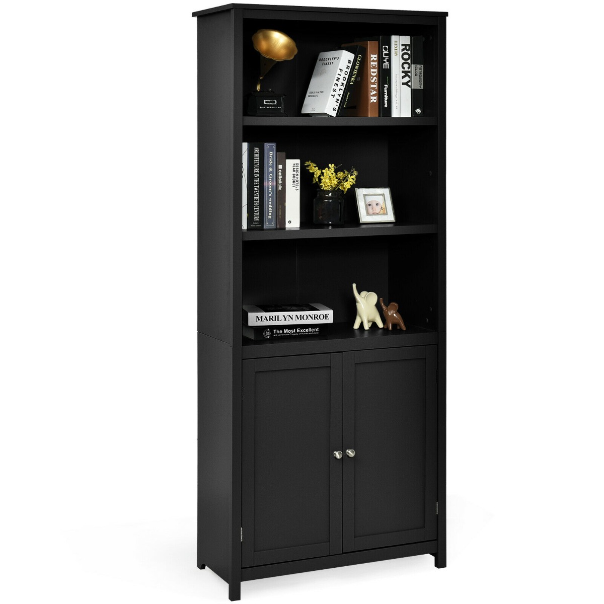 Wooden Tall Bookcase with 3-Tier Storage Cabinet-Black - Savings Store
