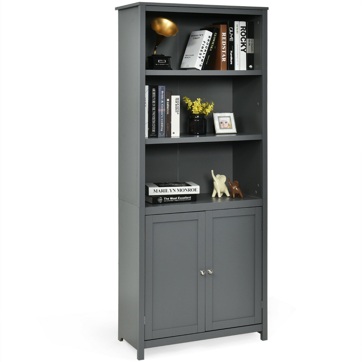 Wooden Tall Bookcase with 3-Tier Storage Cabinet-Grey - Savings Store