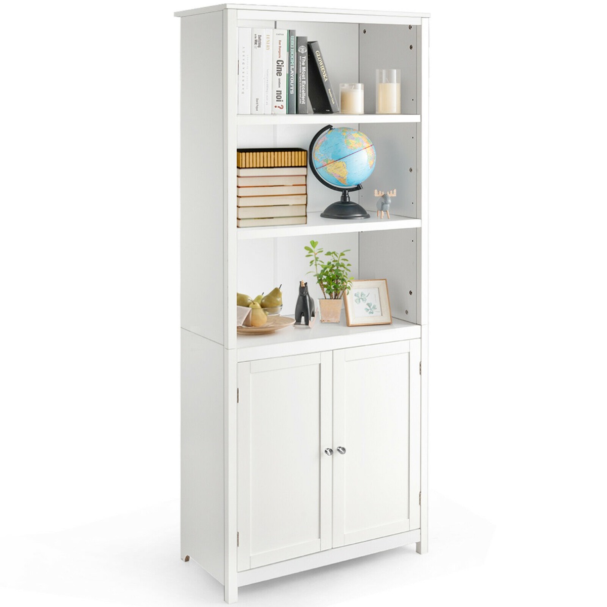 Wooden Tall Bookcase with 3-Tier Storage Cabinet-White - Savings Store