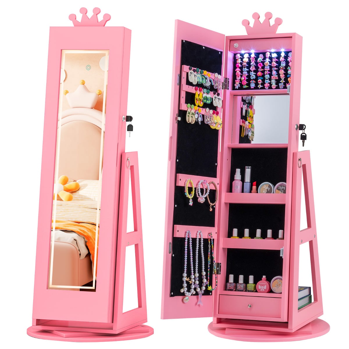 ZVENA 3 In 1 Kids Jewelry Cabinet 360degree Swivel Jewelry Armoire with Mirror-Pink - Savings Store