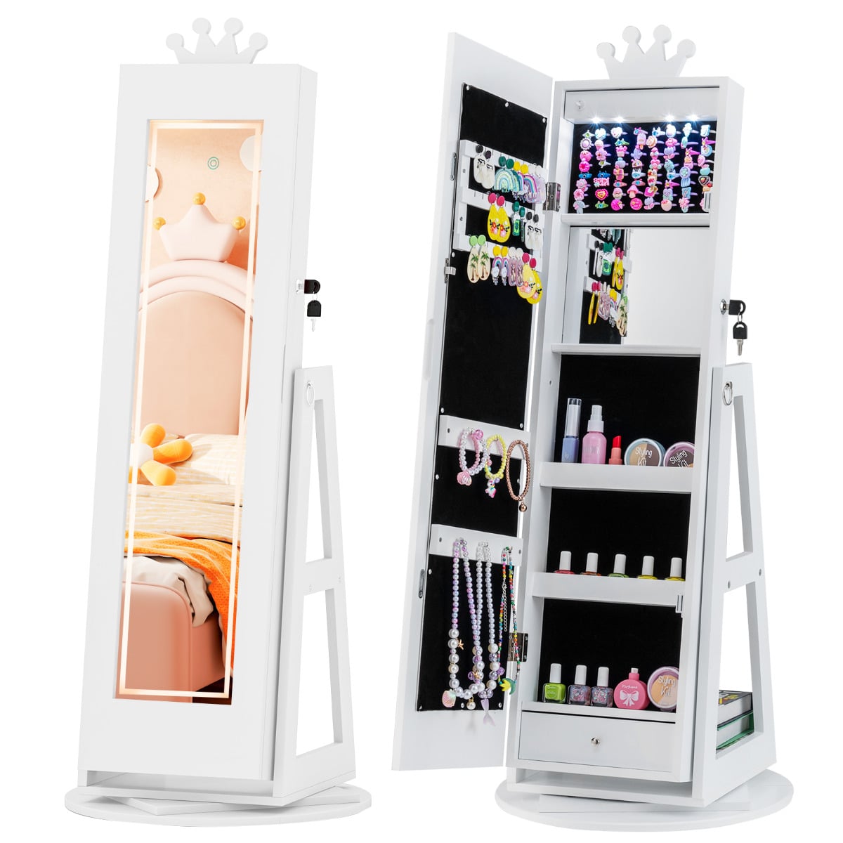 ZVENA 3 In 1 Kids Jewelry Cabinet 360degree Swivel Jewelry Armoire with Mirror-White - Savings Store