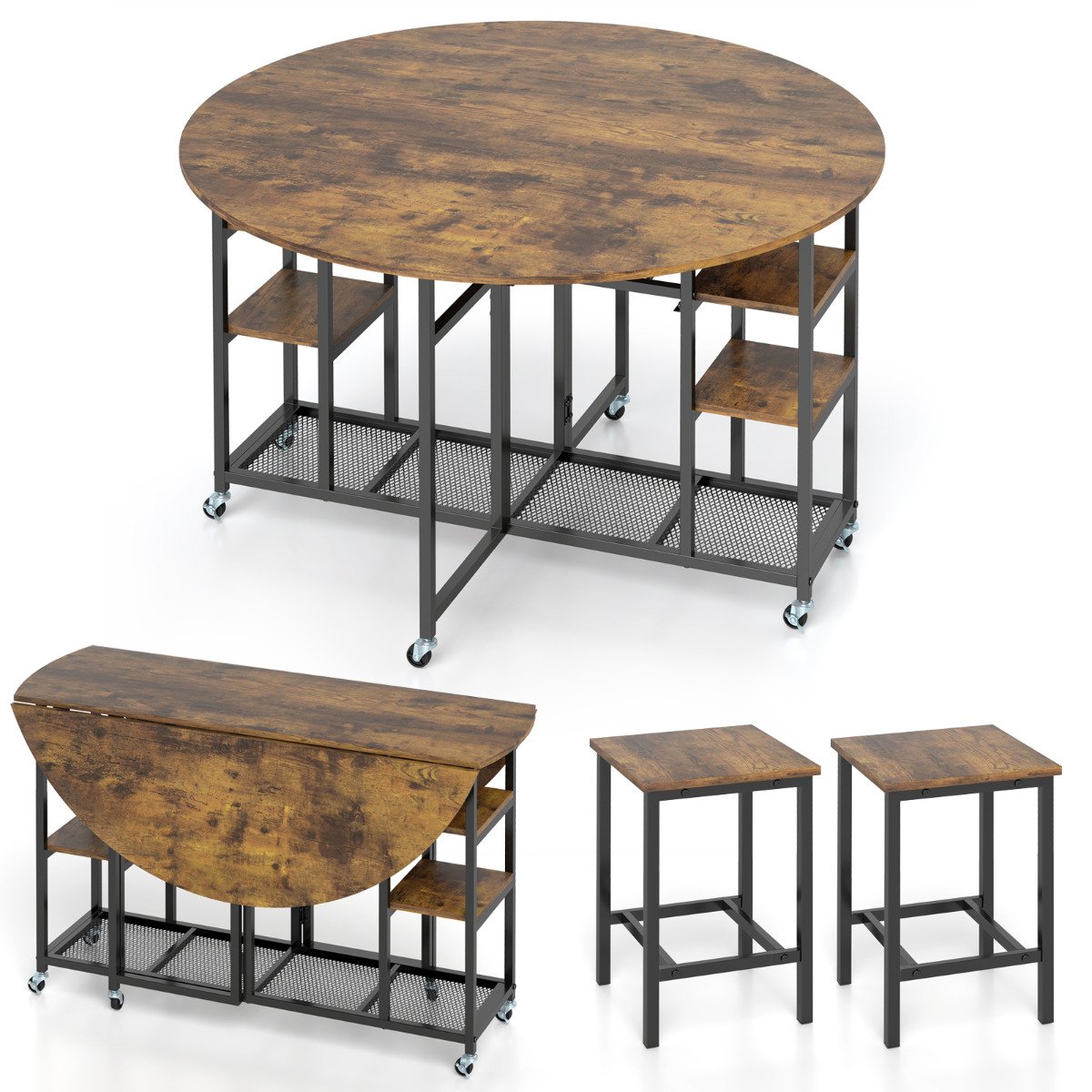 3-Piece Folding Dining Table Set with Large Tabletop and Storage Racks-Rustic Brown - Savings Store