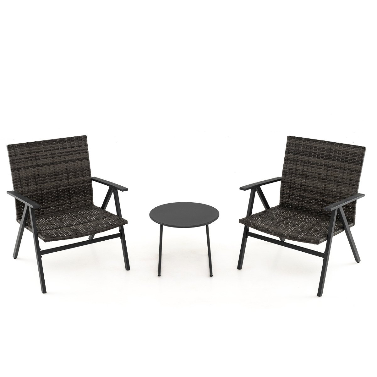 3 Piece Patio Bistro Set Metal Frame Leisure Armchair and Table Set with Rattan Seat and Back-Grey - Savings Store