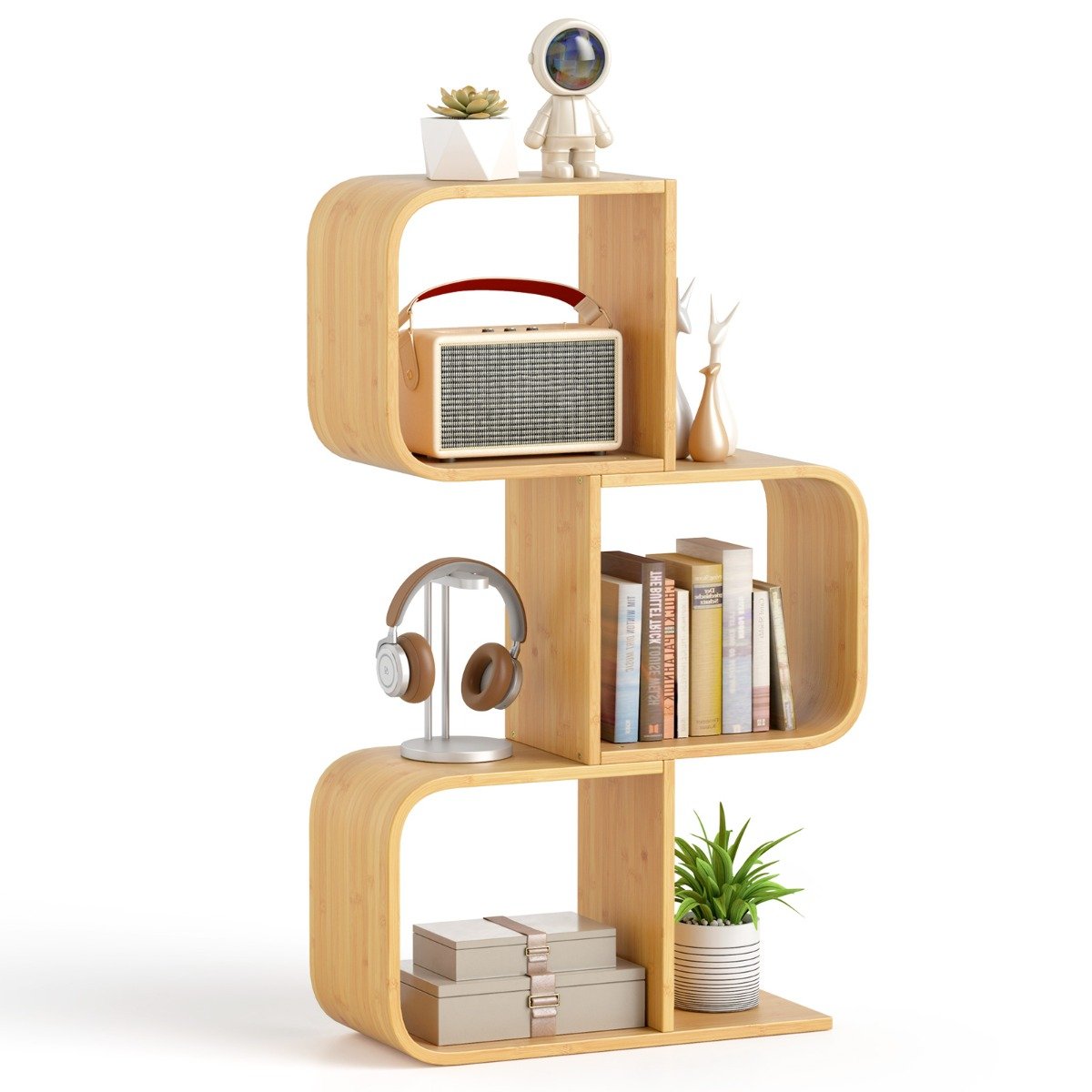COLYIV S-Shaped Bookcase Bamboo Bookshelf with 2 Open Cubes-3-Tier - Savings Store