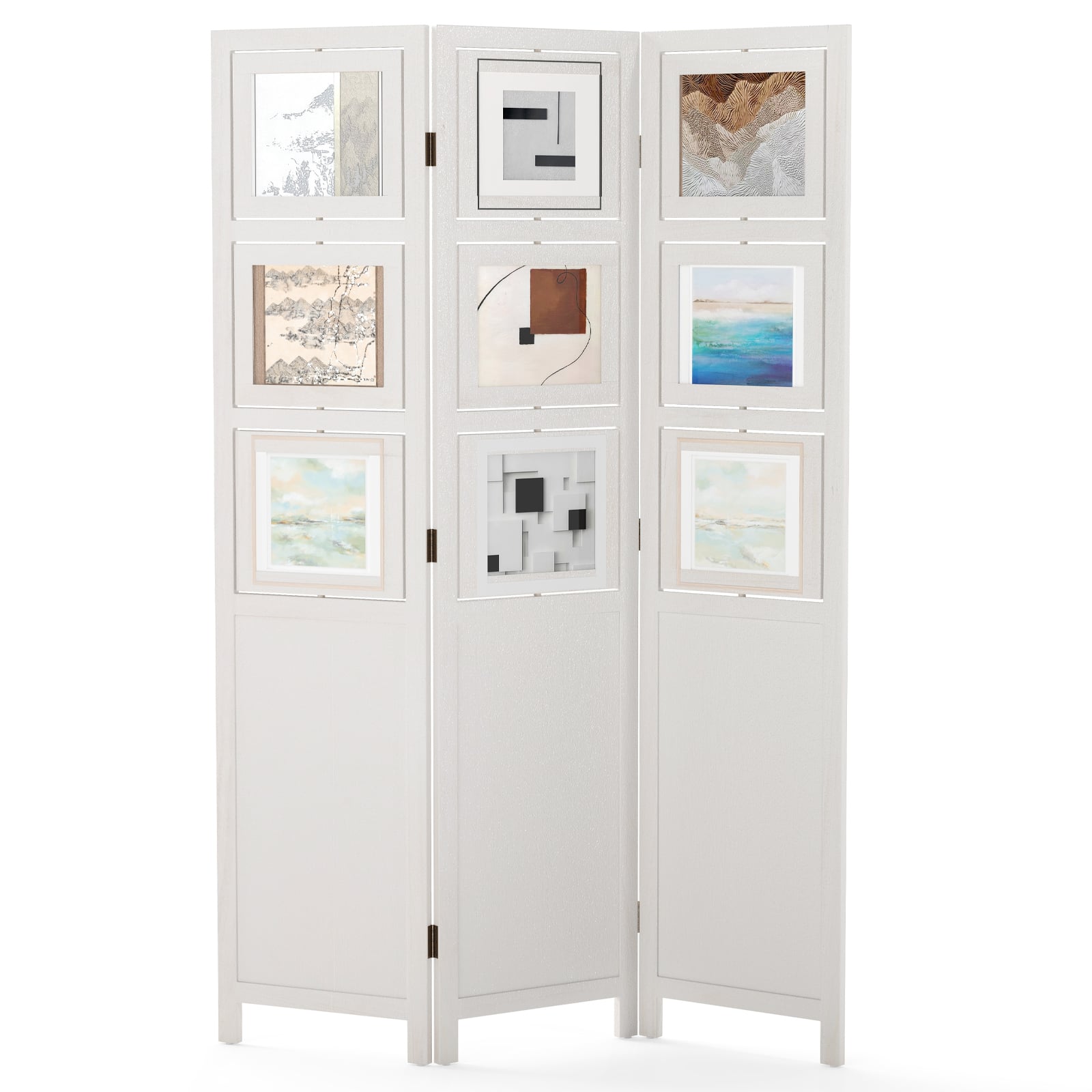 4-Panel Faux Linen Room Divider with Storage Bags Folding Privacy Screen-White - Savings Store