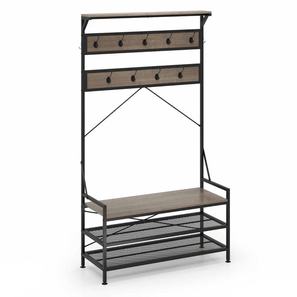 RAVAMY 4-In-1 Coat Rack with 11 Hanging Hooks and Shoe Bench for Mudroom-Grey - Savings Store