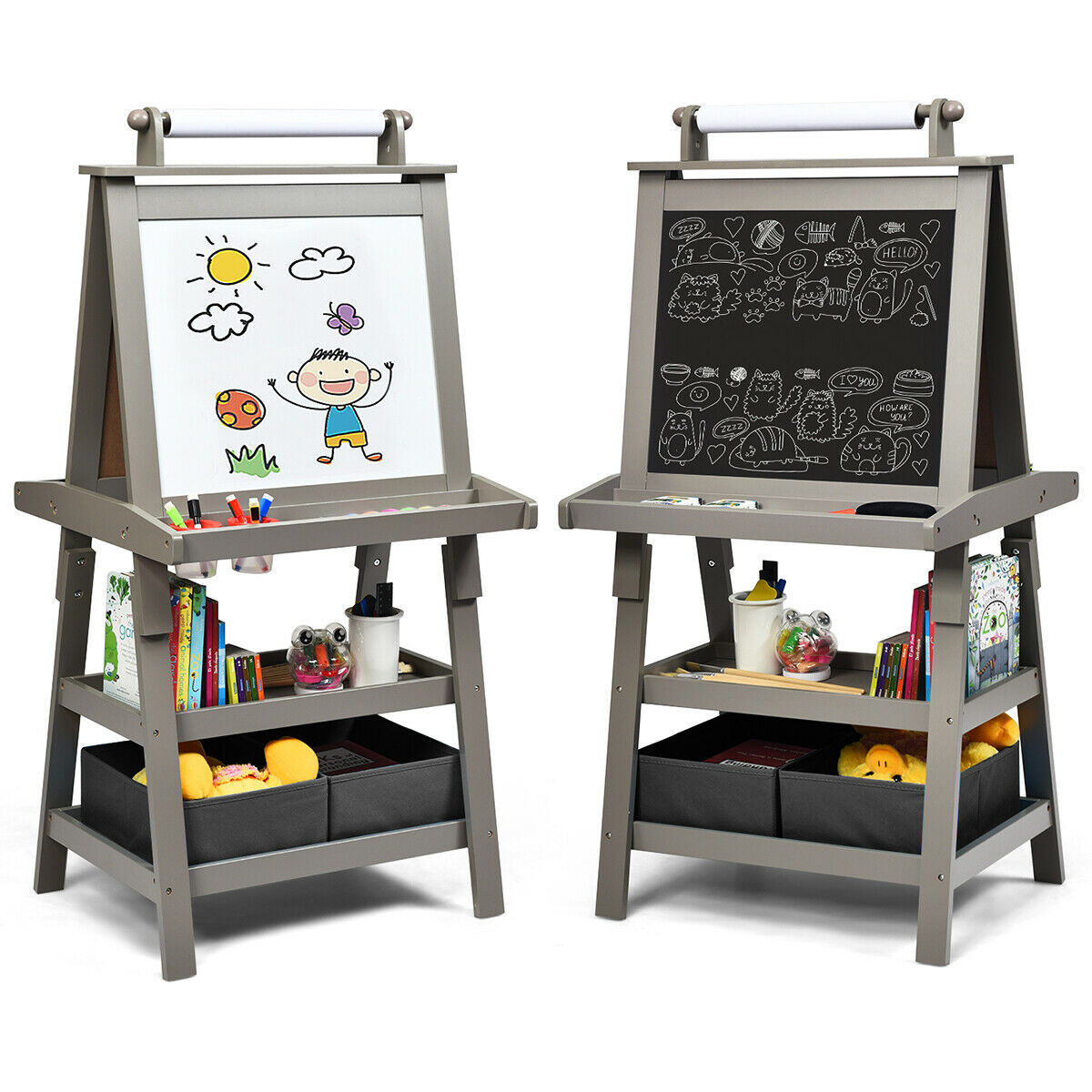 Children's Double-Sided Art Easel with Paper Roll-Grey - Savings Store