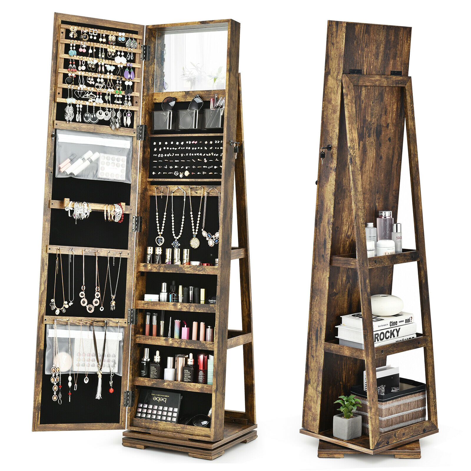 Full Length Mirrored Jewellery Cabinet Rotates 360Â° with Open Display Shelves-Rustic Brown - Savings Store