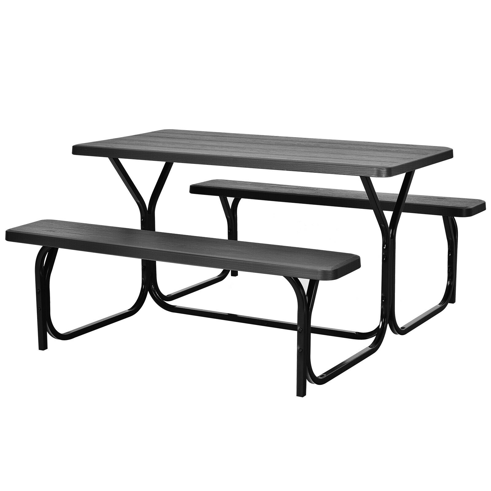 Garden Table - Picnic Table Bench Set with Metal Base Wood for Outdoor-Black - Savings Store