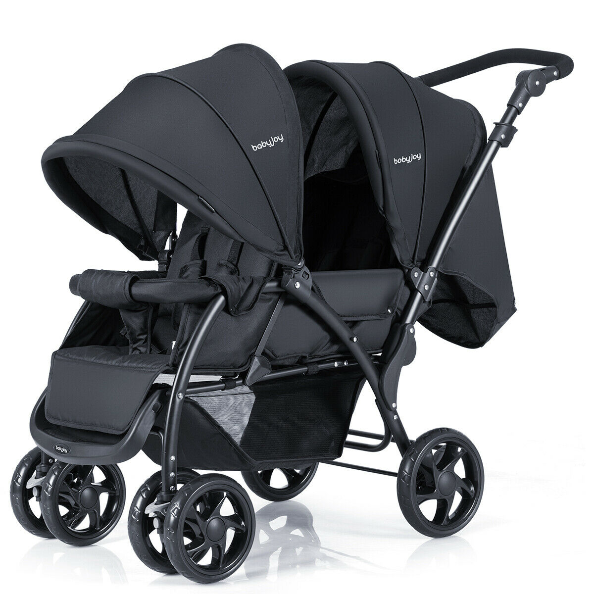 Double Pushchair with Adjustable Backrest and Sunshade-Black - Savings Store
