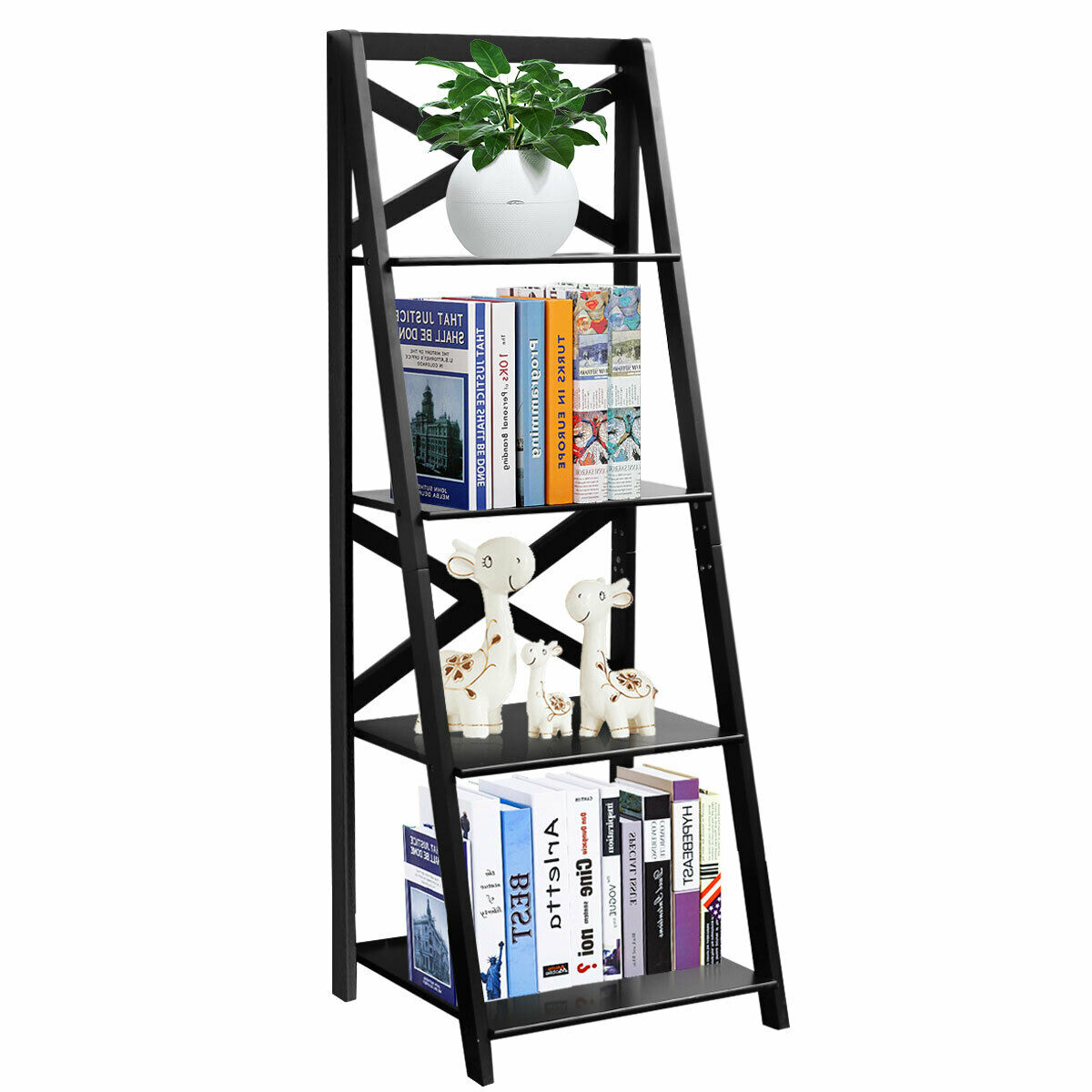 4 Tier Wooden Ladder Shelving Unit-Black - Savings Store