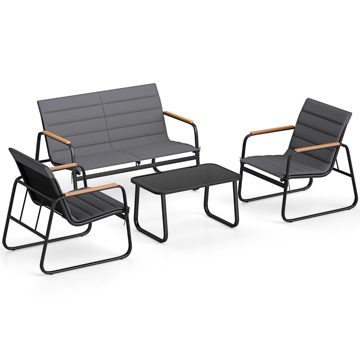 4 Pieces Outdoor Furniture Set with Cushions and Tempered Glass Table-Grey - Savings Store