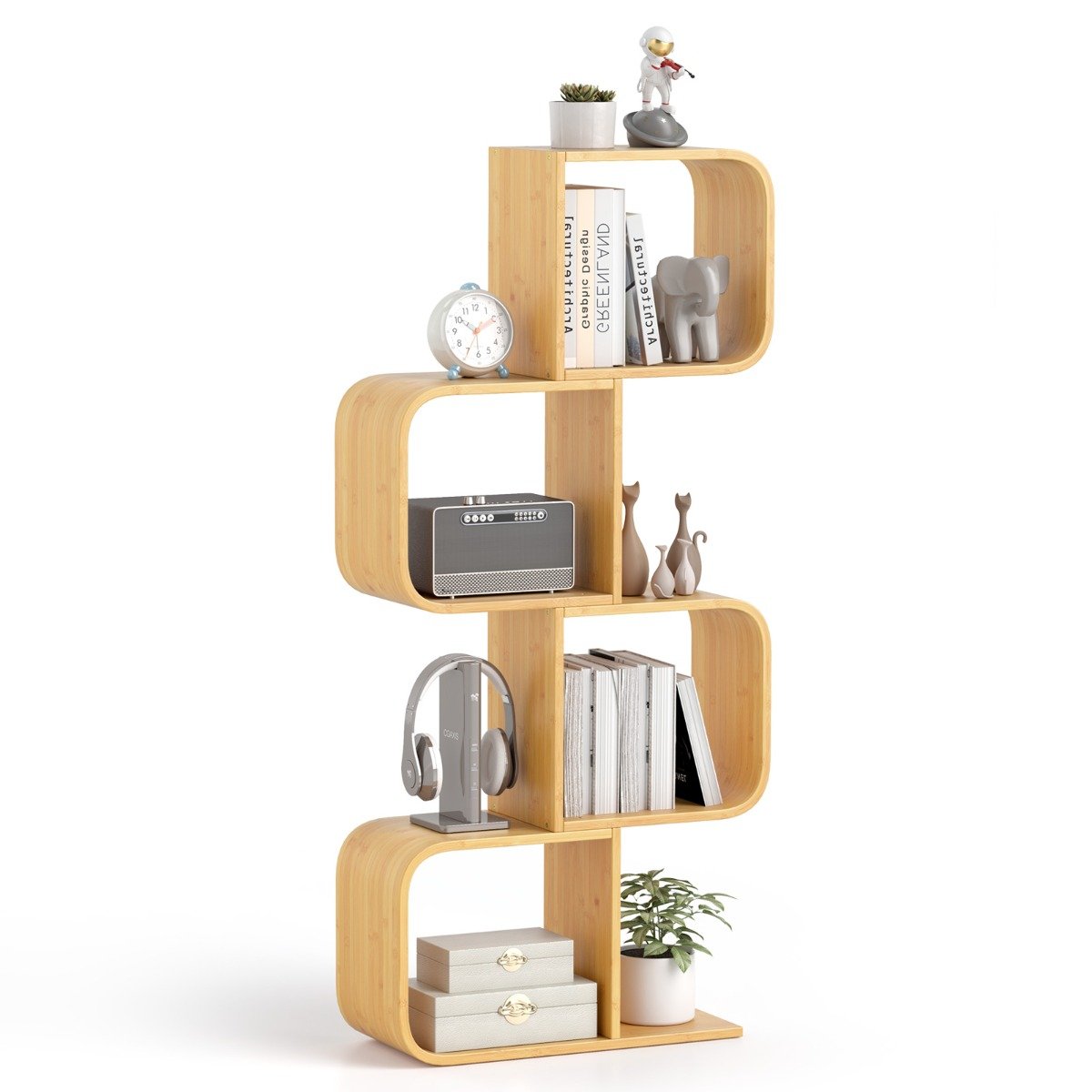 COLYIV S-Shaped Bookcase Bamboo Bookshelf with 2 Open Cubes-4-Tier - Savings Store