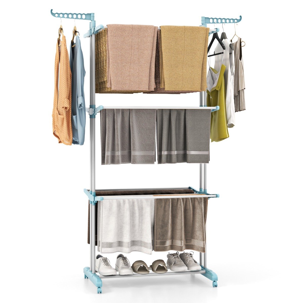 ZERALO 4-Tier Foldable Airer Clothes Drying Rack with Wings and Casters-Navy - Savings Store