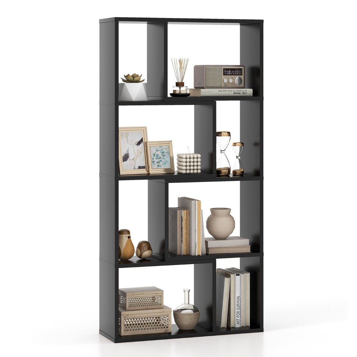 Bookcase - 5-Tier Geometric Bookshelf with 8 Cubes Floor Standing Open Display-Black - Savings Store