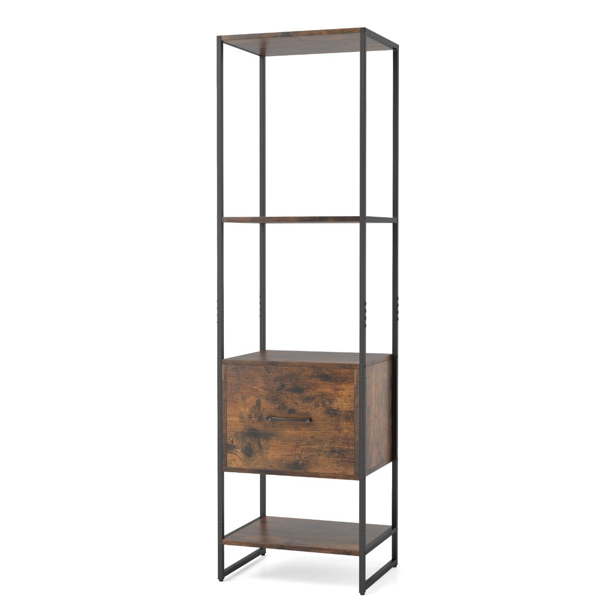 FIRICO 5-Tier Tall Narrow Bookcase Bookshelf with Drawer Shelves-Rustic Brown - Savings Store