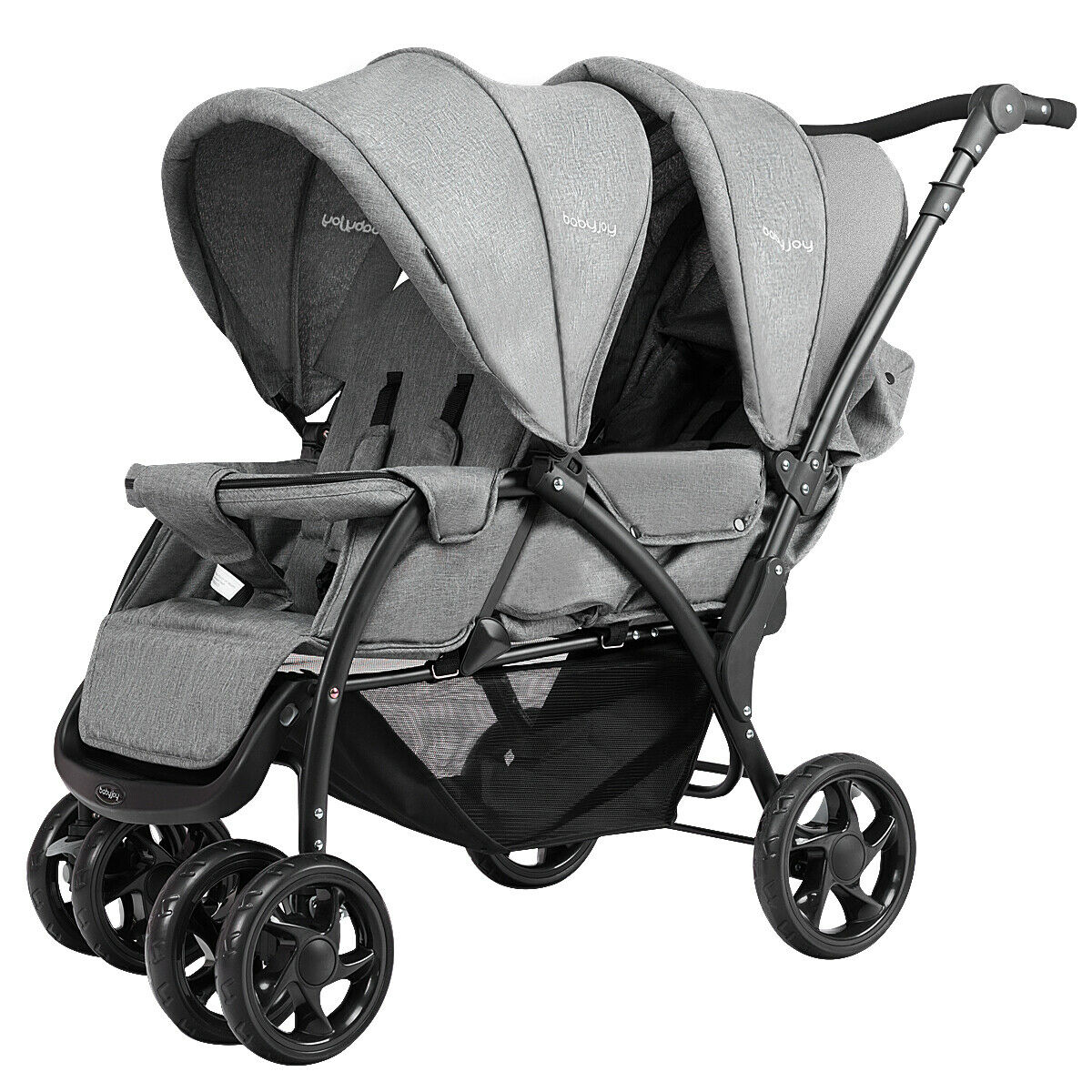 Double Pushchair with Adjustable Backrest and Sunshade-Grey - Savings Store