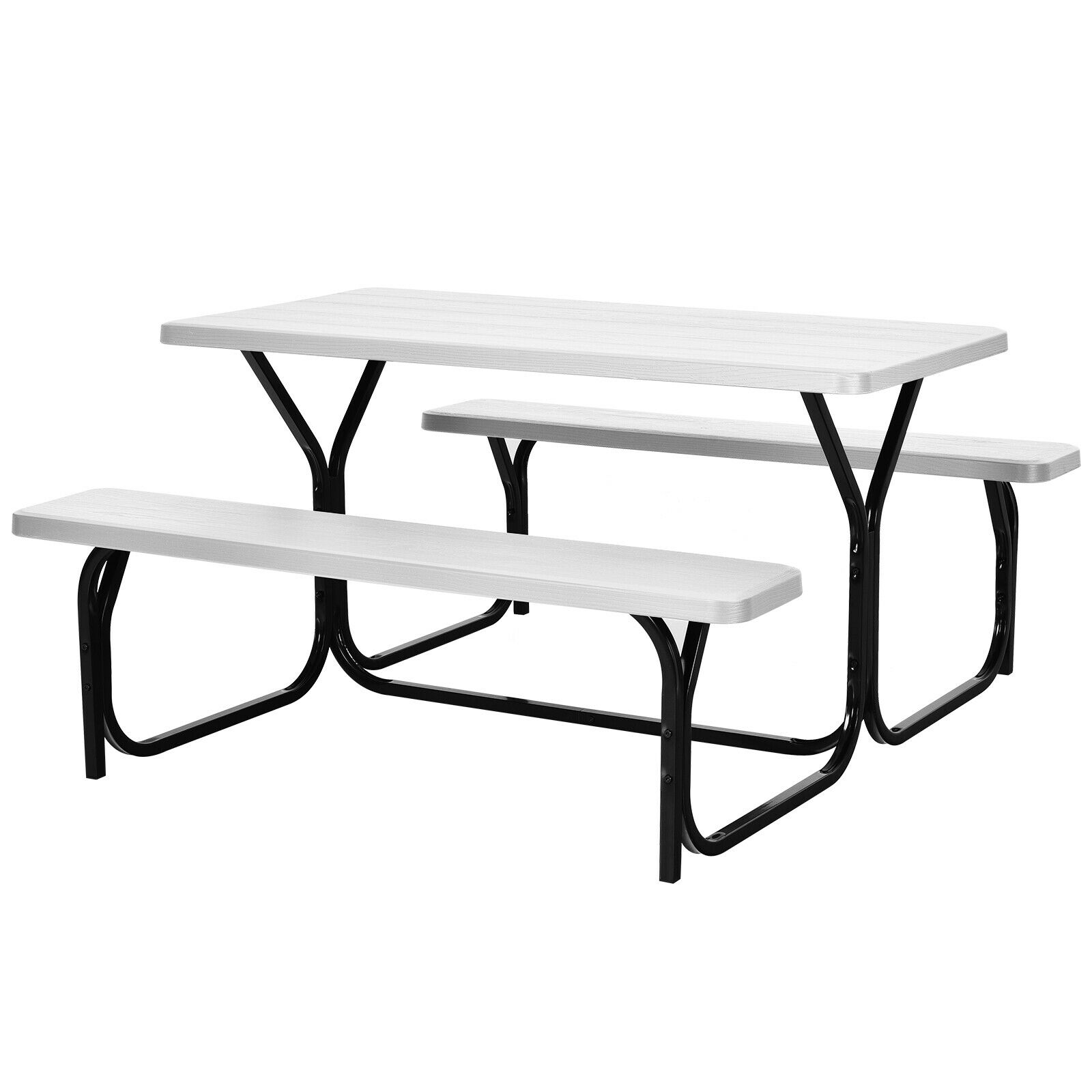 Picnic Table Bench Set with Metal Base Wood for Outdoor-White - Savings Store