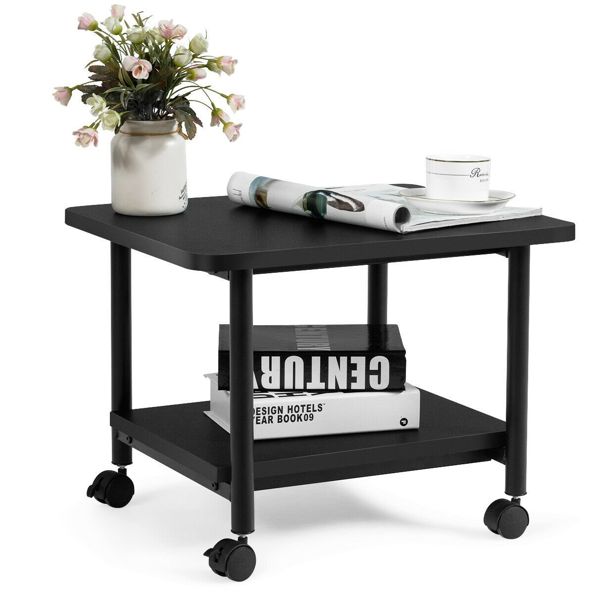 SOLORIA 2 Tier Wooden Printer Stand with 360° Swivel Casters-Black - Savings Store