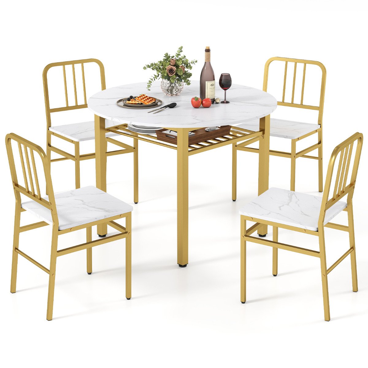 5 Piece Dining Table Set with Storage Rack for Dining Room-White - Savings Store