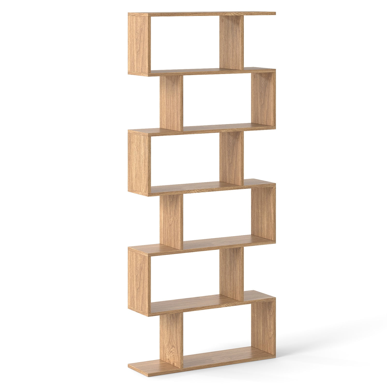 WZEN 6-tier S-shaped Wooden Industrial Bookshelf-Natural - Savings Store