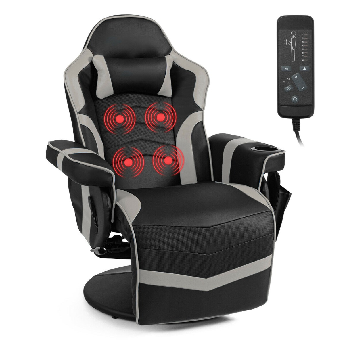 Electric Massage Gaming Chair with Cup Holder and Side Pouch-Grey - Savings Store
