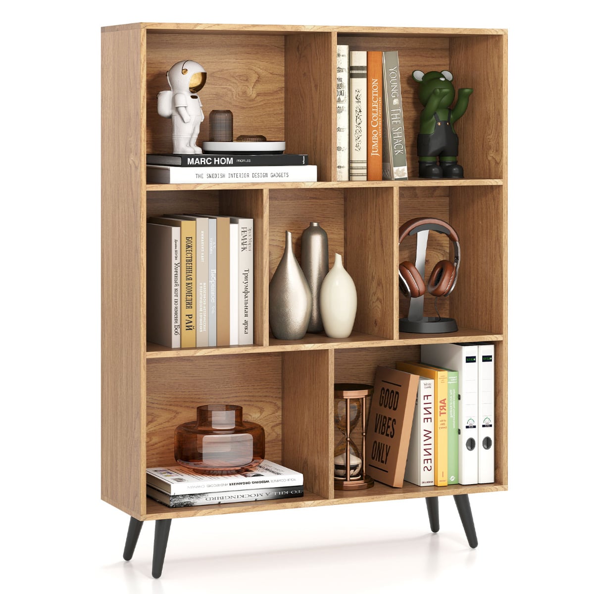 EMBERHOLLOW 7-Cube Bookcase Mid Century Modern Storage Organizer with 4 Tapered Metal Legs-Natural - Savings Store