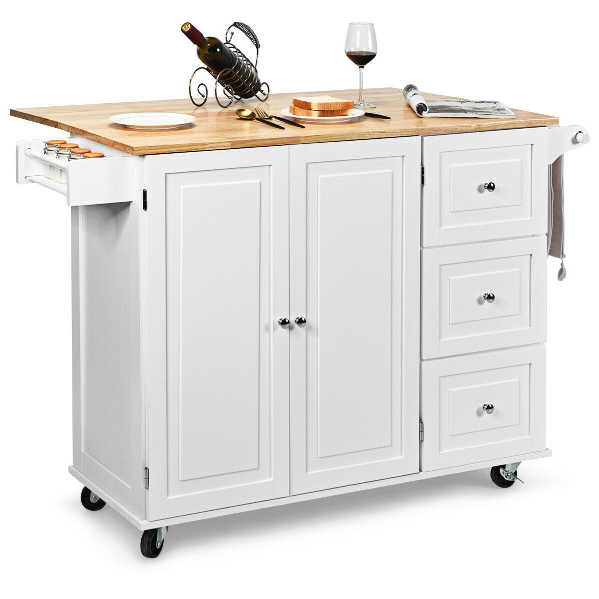 Kitchen Island Cart on Wheels with 3 Drawers and 2-door Cabinet-White - Savings Store