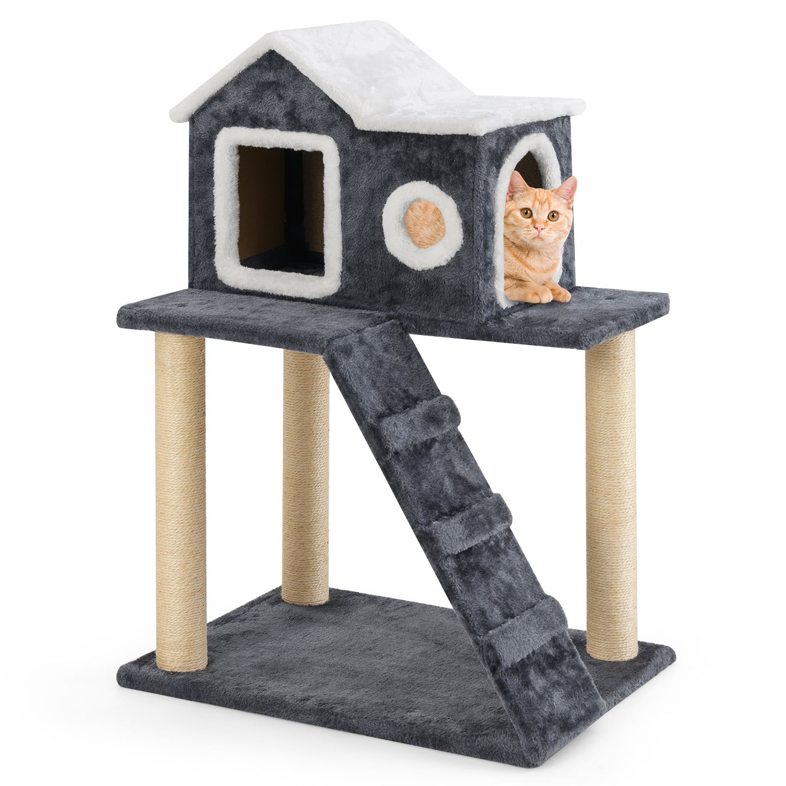 90cm Modern Cat Tree 3-level Cat Condo Furniture with Openable Roof-Gray - Savings Store