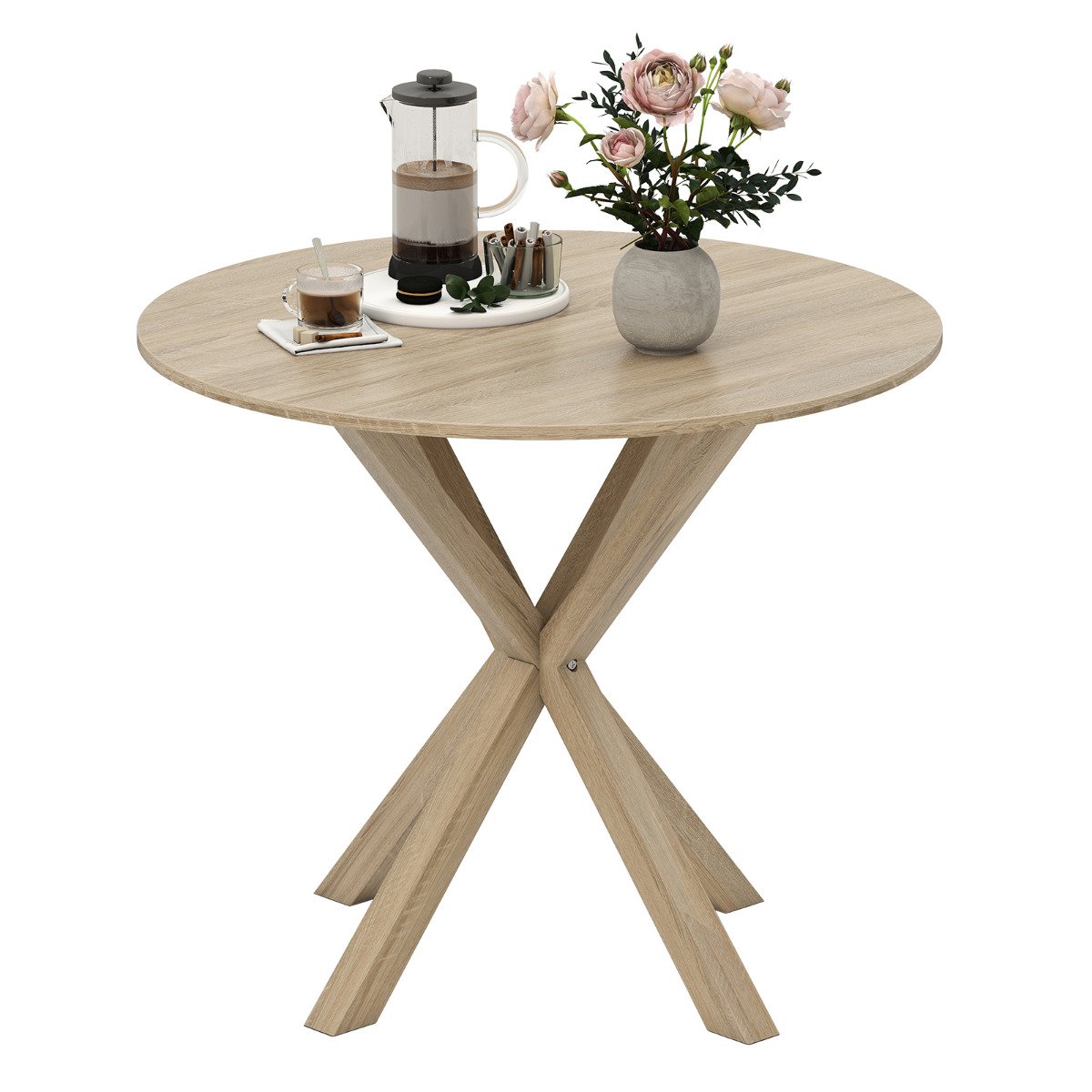 TREDWYN 90CM Wood Dining Table with Intersecting Pedestal Base-Brown - Savings Store